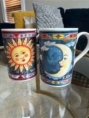 Vintage Pair of Luna and Sol Cosmos Dunoon mugs design by Jane Adderley